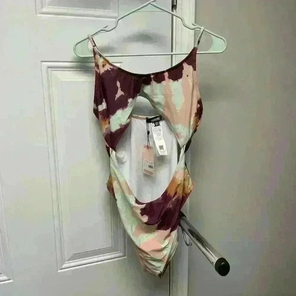 Missguided Multi-Color Tie Dye High Leg Cut Out Swimsuit - Size 12 - NWT - Picture 2 of 5